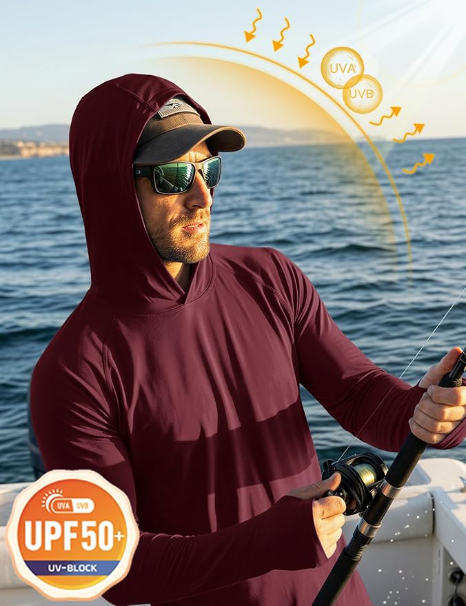 MAGCOMSEN Men's Hooded UPF 50+ Sun Protection T Shirts Long Sleeve Athletic Fishing Shirts Rash Guards