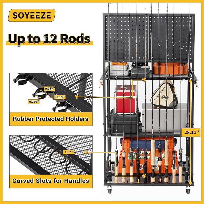SOYEEZE Large Size Fishing Rod Holders for Garage, 3-Tier Fishing Pole Rack with Pegboard and Hooks, Fishing Gear Tackle Box Organizer Up to 12 Rods, Rolling Fishing Storage Cart with Lockable Wheels