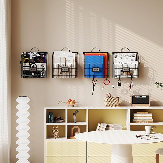 Hanging Wall File Holder Organizer Metal Wall Mount File Folders Holder Magazine Rack with Handles and Hooks , for Home Office, 4 Packs, Black (Patent Pending)