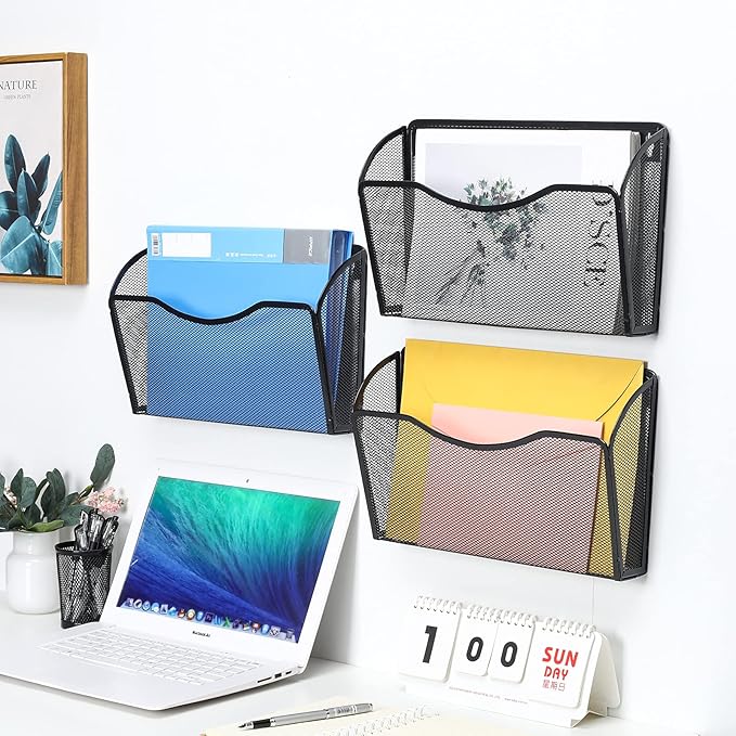 PAG 6 Pockets Wall File Holder Office Hanging File Organizer Metal Wall Mount Magazine Rack, Black