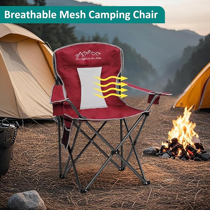 Outdoor Folding Camping Chair with Cup Holder, Storage Bag, Large Anti-Sink Feet, 400lbs Capacity, 2 Pack Breathable Mesh Portable Chair for Camping, Beach, Fishing, Sports, Red
