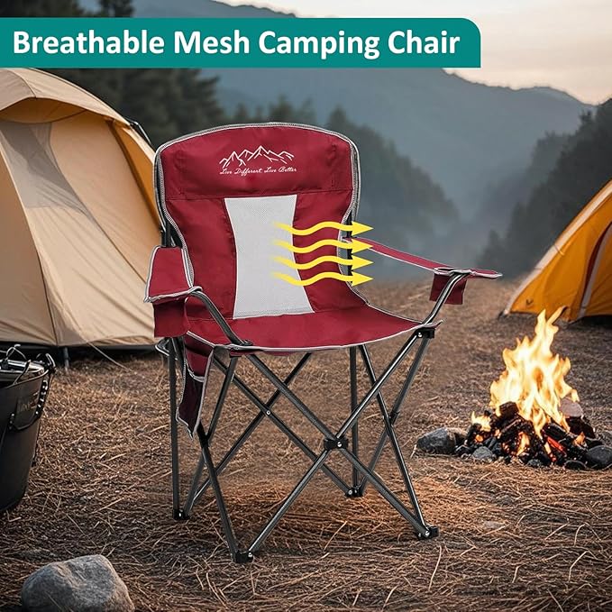 Outdoor Folding Camping Chair with Cup Holder, Storage Bag, Large Anti-Sink Feet, 400lbs Capacity, Breathable Mesh Portable Chair for Camping, Beach, Fishing, Sports, Red