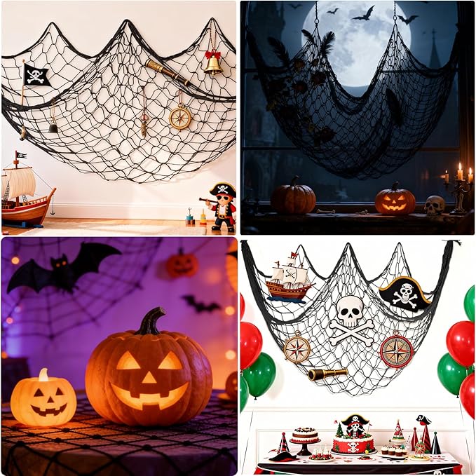 Fish Net Decorations for Party - 80x40 in Black Fishing Net Decor Halloween Gothic Pirate Party Decorations, 3mm Natural Cotton Decorative Netting Table Runner Photo Display Backdrop Wall Decor