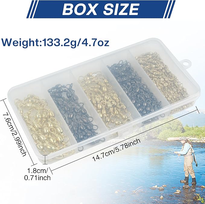 Fishing Barrel Swivels, 200pcs Rolling Ball Bearing Swivels with Solid Ring Fishing Tackle Accessories Hook Line Connector Copper with Stainless Steel Black & Gold Size 2 4 6 8 10