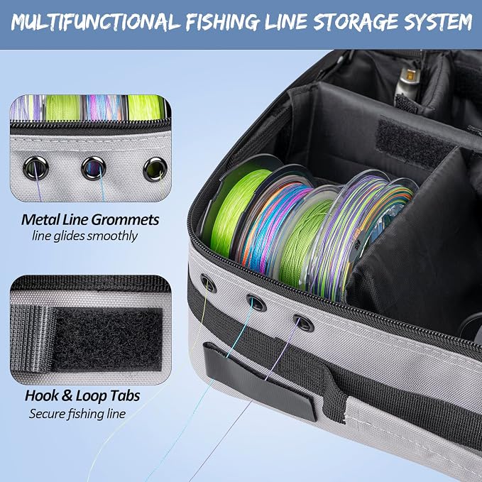 THKFISH Waterproof Fishing Reel Case and Fishing Line Storage Bag with Removable Shockproof Compartments Holds more than 12 Reels or 24 Spools
