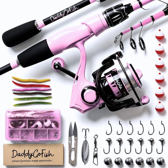 DaddyGoFish Spinning Fishing Rod and Reel Combo Set with Tackle Box | Kids Fishing Pole | Carbon Fiber Telescopic Fishing Rod Kit | Spinning Reel for Travel Saltwater Freshwater Fishing Gear Kit