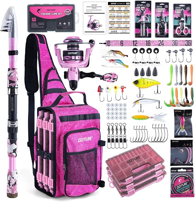 Goture Pink Fishing Rod and Reel Combo - ML Action Spinning Reel Pole with Pink Bag - Telescopic Rod Kit for Starter Travel Saltwater Freshwater, Gift for Woman