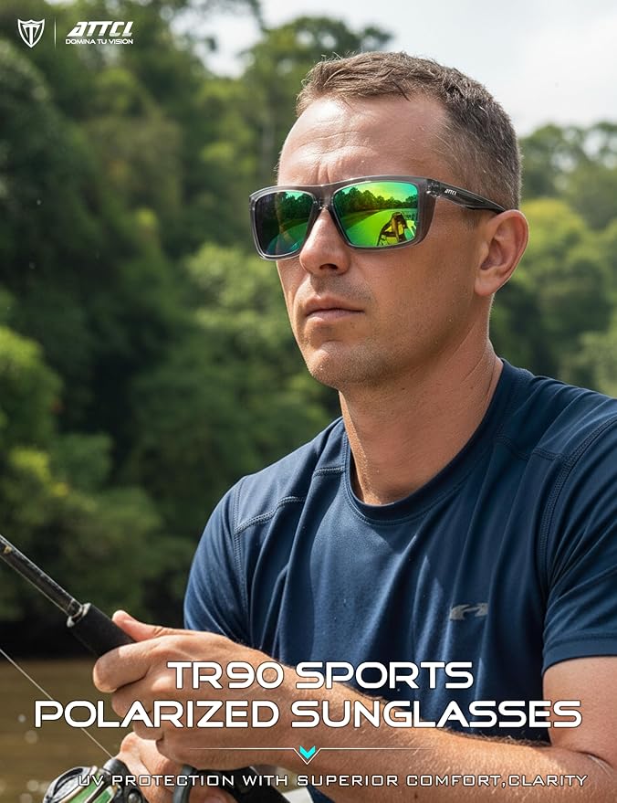 ATTCL Sports Polarized Sunglasses for Men: Secure Anti-Slip Lightweight TR90 Square Frame UV Protection for Driving Fishing