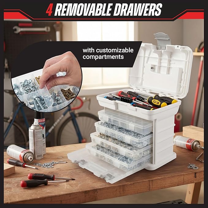 Portable Tool Box - Small Parts Organizer with Drawers and Customizable Compartments for Hardware, Fishing Tackle, Beads or Crafts by Stalwart (White)