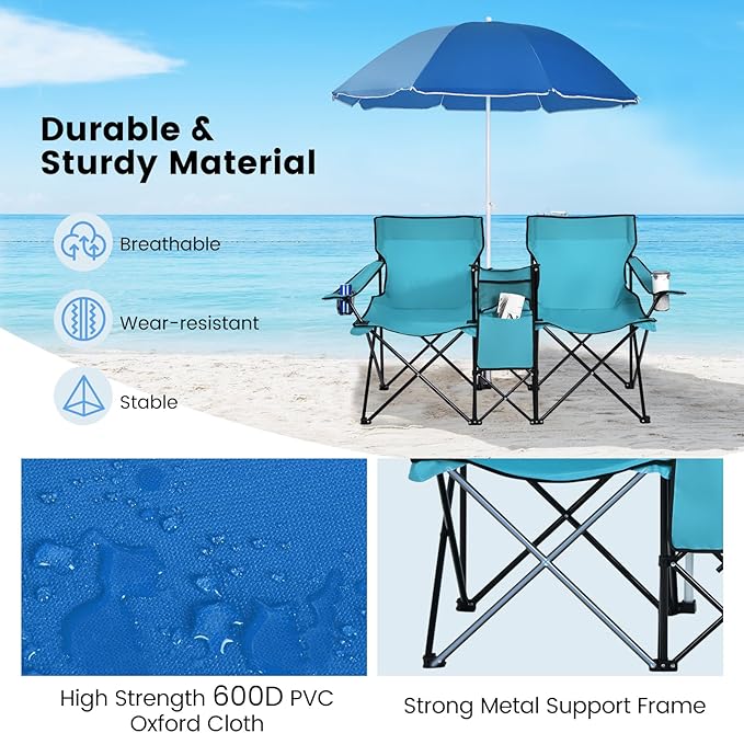 Tangkula Double Camping Chairs with Umbrella, Portable 2 Seat Folding Camp Chair with Cooler Bag, Beverage Holder, Carrying Bag, Foldable Lawn Chair for Outside, Fishing, Picnic, Beach