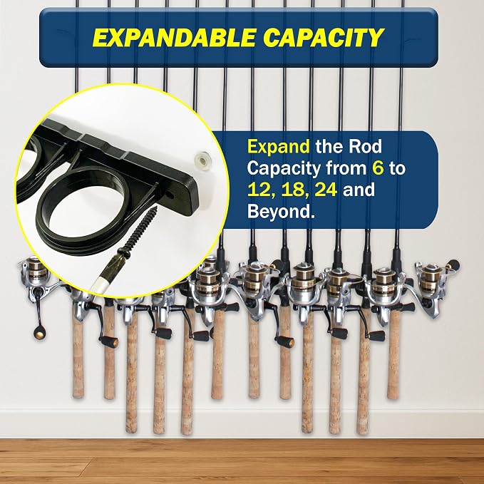 Rush Creek Creations Set of 4 Adaptable 6, 12, 18, or 24-Rod Horizontal Wall-Mount Fishing Pole Holders, Ceiling or Wall Fishing Rod Racks for Garage, Fits Most 0.12" to 0.75" Diameter Rods