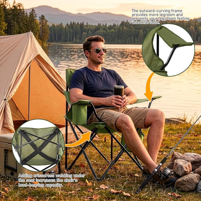 Outvita Heavy Duty Camping Chair with Insulated Cooler, 350LBS Folding Portable Chair with Cup Holder, Side & Back Pockets, Outdoor Foldable Chair for Camping Fishing Tailgating Beach
