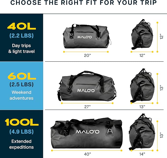 Malo’o Waterproof Dry Duffel, Heavy-Duty Roll Top Waterproof Gear Bag with Shoulder Strap & Molle Loops, Marine Duffel for Kayaking, Boating, Camping, Beach & Travel, Black, 60L