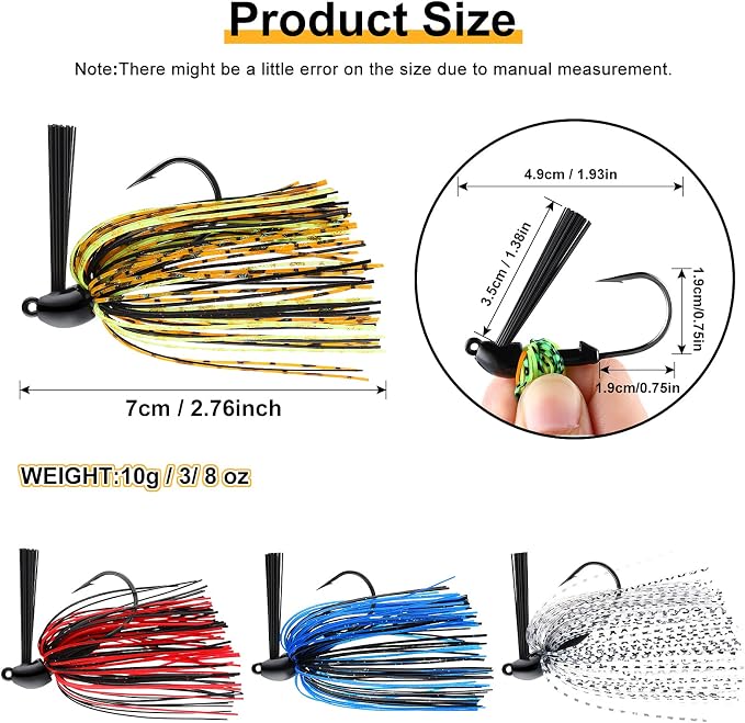 Sumind 8 Pcs Bass Fishing Jigs Bass Weedless Football Jig Metal Football Head Kit Swim Silicone Skirts Weed Guard Flipping Lures, Colorful, 10 G/ 3/8 oz