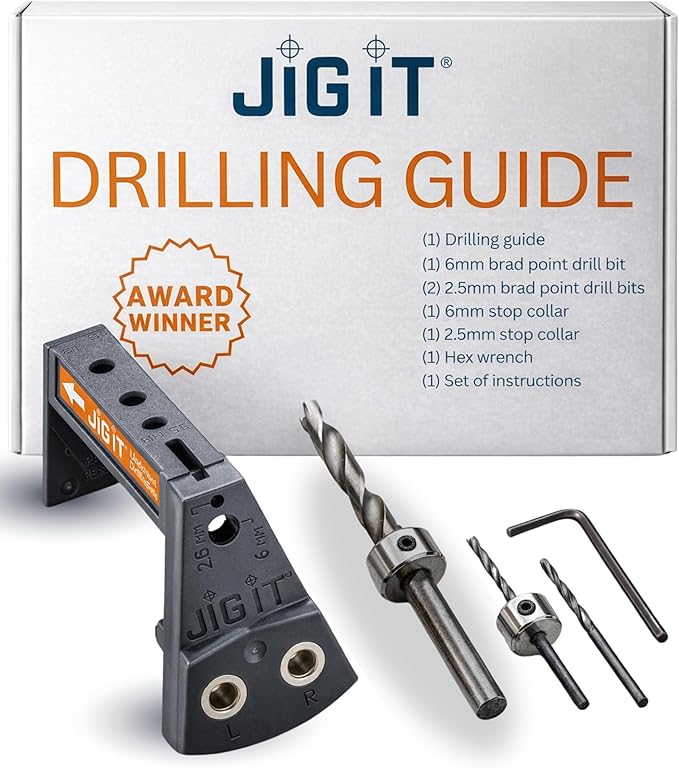 JIG IT Undermount Drilling Guide - Durable ABS Plastic Drill Angle Guide w/Steel Inserts - Drill Guide Jig for Blum Tandem & Drawer Slide – Ideal Woodworking Tools Includes Drill Bits, Collars & More