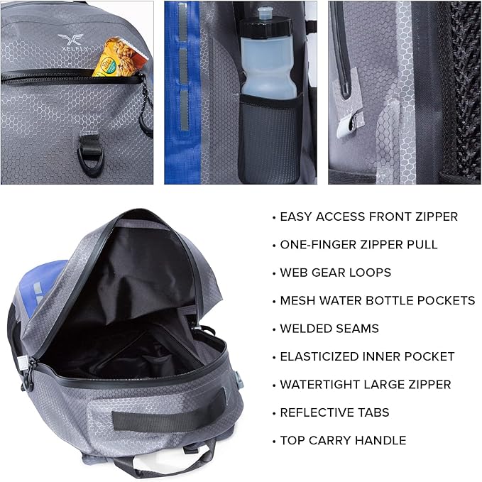 Xelfly Submersipack Waterproof Backpack - Submersible, Inflatable, Floating TPU Coated Durable Nylon Dry Bag with Airtight Zipper for Kayak, Fishing, Boating, Hiking, Paddle Board (Deep Blue, 25L)