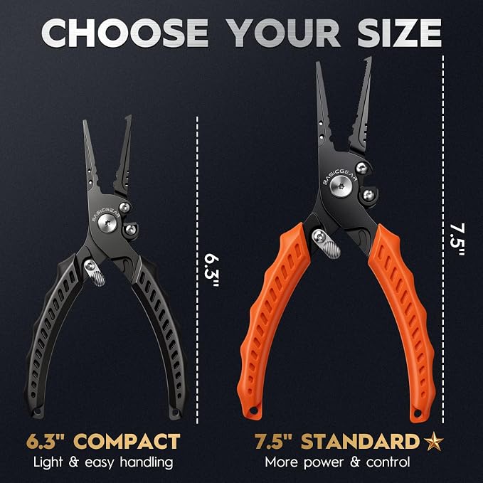 BasicGear Fishing Pliers, 17-4 PH Stainless Steel Saltwater Pliers, Braid Cutter, Split Ring Tool, Corrosion Resistant, One-Hand Operation (7.5" Standard (All-Purpose) - Black)