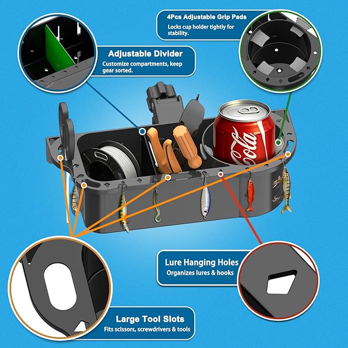 Boat Caddy Organizer, 3-in-1 Mount (Screw/Fishing Boat Track/Clamp-On), Removable Divider Card & Anti-Slip Pad, Fits 40oz Tumbler, for Boat Kayak Tree Stand Bicycle Walker Wheelchair