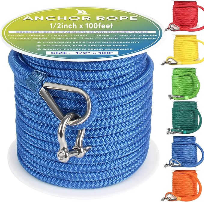 Boat Anchor Rope 100 ft x 1/2 inch Sky Blue,Double Braided Anchor Line with Stainless Steel Thimble & Shackle, Marine Rope Ideal for Towing,Mooring,Decks,Anchoring,for Boats Up to 35'