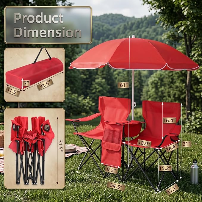 Portable Double Folding Picnic Chair with Removable Sun Umbrella and Cooler Bag, 2-Seat Outdoor Camping Chair with Cup Holders & Carrying Bag for Beach, Fishing, Patio, Red