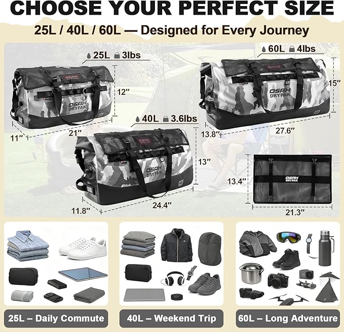 OSAH DRYPAK Waterproof Duffel Bag 25L/40L/60L – Heavy-Duty Motorcycle Tail Bag, Roll-Top Dry Bag for Travel, Camping, Boating, Kayaking, Outdoor Adventure