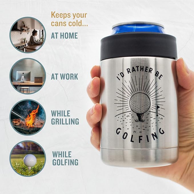 Funny Golf Gift - “Rather Be Golfing” Insulated Stainless Steel Can Cooler - Unique dad golf gift + perfect for golfers. Funny tournament prize + gift for men. It’s also a beer coolie and a gag gift.