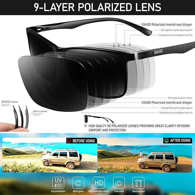 BIRCEN Polarized Mens Sunglasses for Driving: UV Protection Al-Mg Metal Sunglasses Lightweight Shades for Fishing Travel Golf