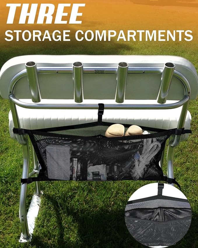 PLOZANO Boat Storage Bag with 3 Divisions, Adjustable Organizer, Mesh Tackle & Life Jacket Holder, Suspended Net for Leaning Post (32 INCH)