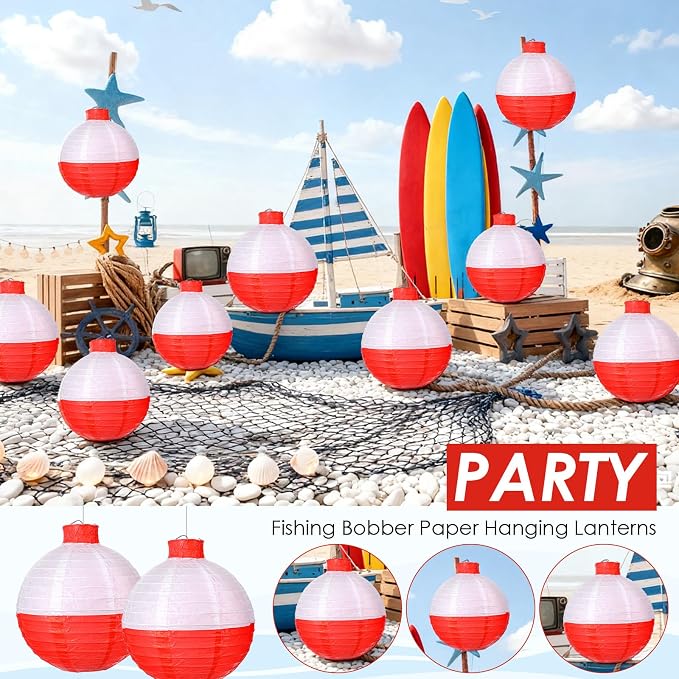 12 Pcs Fishing Bobber Lanterns, 8 Inch Hanging Fishing Bobber Paper Lantern Round Red and White Hanging Lanterns for Fishermen Themed Party, Festivals, Birthday Decor