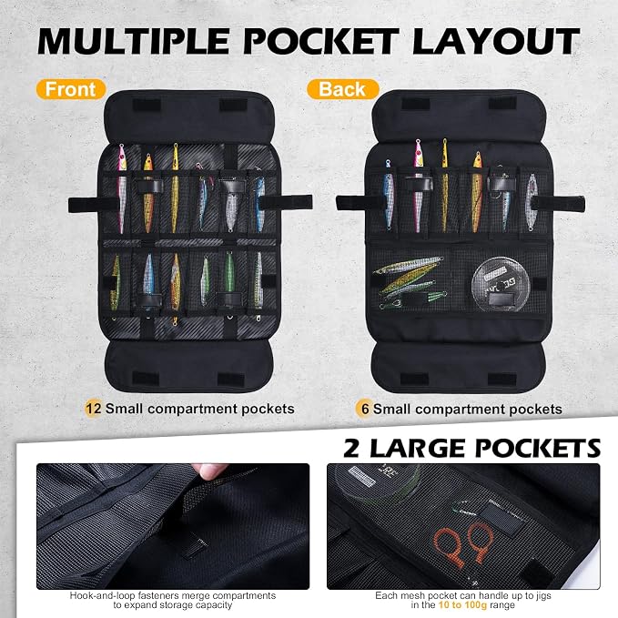 Goture Fishing Jig Bag,20 Mesh Pockets Portable Water-Resistant 600D PU Fishinig Lure Bag Saltwater Freshwater Suitable For Max 5.7" Length Vertical Jig Slow Pitch Jigging Bait Storage (12.99"x7.09")