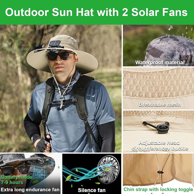 Fishing Hats with Sunglasses, Wide Brim Sun Hat with 2 Solar Fan, USB & Solar Powered Fishing Hats, Solar Fan Hats UPF 50+