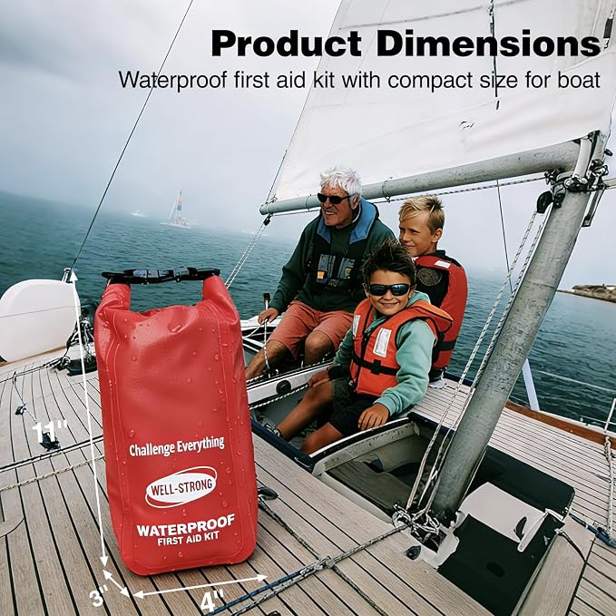 Boat First Aid Kit with Survival Tools, 123pcs Waterproof Emergency Marine Kit with Buckles, Compact Boat Safety Accessories for Fishing Kayaking Boating Camping Rafting Beach Red
