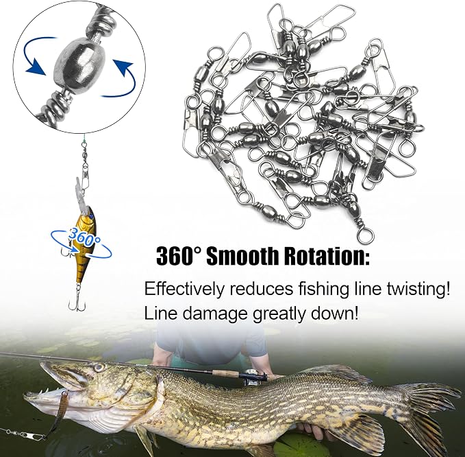 Fishing Barrel Swivels Snaps, 100pcs Snap Swivels Fishing Tackle Leader Line Lure Connector Accessories High Strength Solid Rings for Saltwater Freshwater, Black/Gold