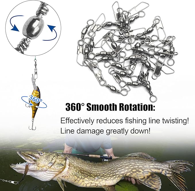 Fishing Barrel Swivels Snaps, 100pcs Snap Swivels Fishing Tackle Leader Line Lure Connector Accessories High Strength Solid Rings for Saltwater Freshwater, Black/Gold