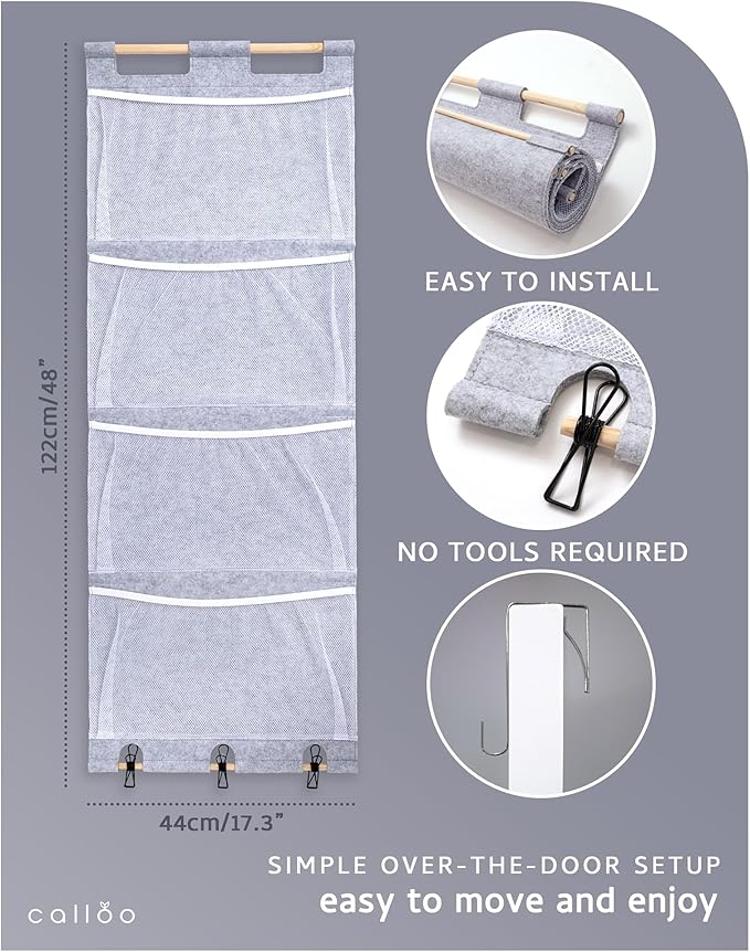 Over the Door Stuffed Animal Storage for Kids – Felt Organizer with Clips to Display Art and Mesh Pockets for Stuffies, Books and More – Space-Saving Hanging Design that Grows with your Child