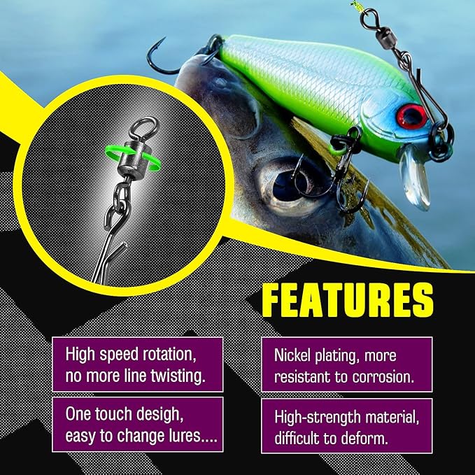 AMYSPORTS Rolling Connector Fishing Swivel Saltwater Corrosion Resistance Snap Swivels Kit Stainless Quick Fishing Snap Barrel Freshwater Trolling Accessories