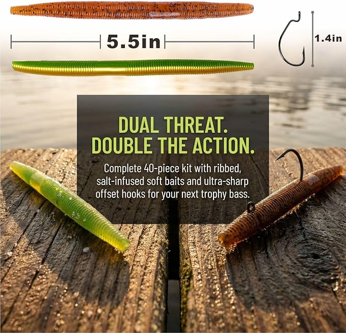 Soft Plastic Worm Fishing Kit, 5.5 Inch 0.25oz Stick Baits, 20pcs Double Color Segmented Worms (10 Each) with 20 Fishing Hooks, Scented Bionic Bass Fishing Lure Set