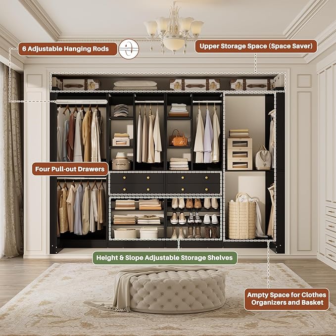 Closet System with 4 Drawers & Corner Tower, Closet Organizer System with 4 Hanging Robs, Reversible U Shaped Walk-in Closet System, Load 2600+LBS Capacity, Set of 4, Black