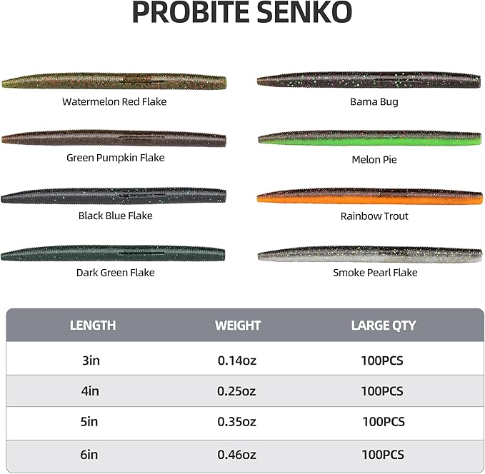 Soft Fishing Worm 100PCS, 3/4/5/6" Mega Value Pack Senko Style Soft Lures for Bass, Plastic Worm Stick Baits, Multicolor, Cost-Effective Fishing Gift