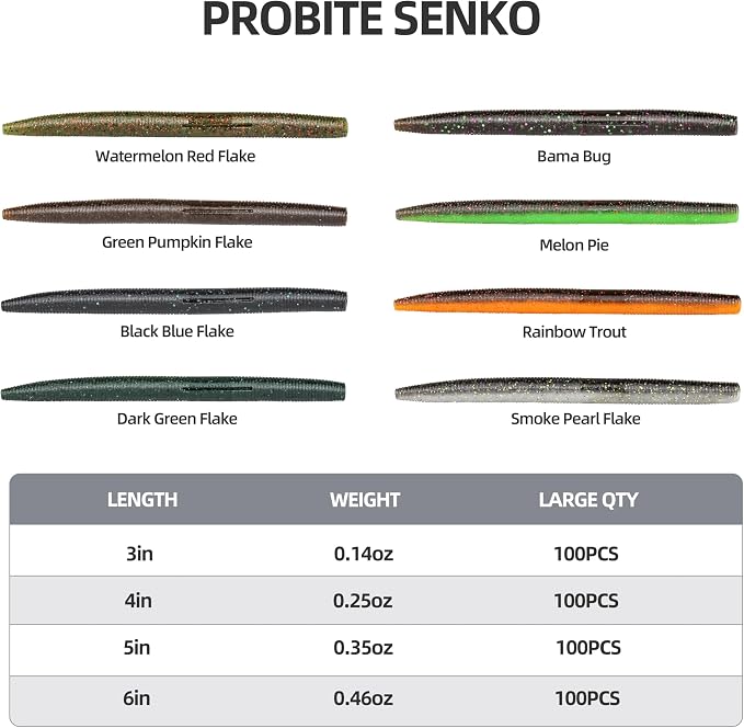 Soft Fishing Worm 100PCS, 3/4/5/6" Mega Value Pack Senko Style Soft Lures for Bass, Plastic Worm Stick Baits, Multicolor, Cost-Effective Fishing Gift