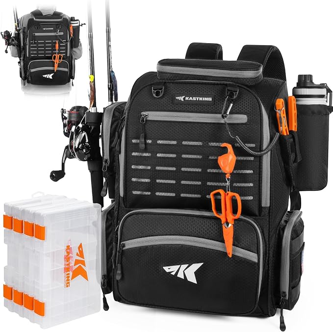 KastKing Bait Boss Fishing Tackle Backpack with Rod Holders-4 Tackle Boxes-Rain Cover,Storage for Fishing Gear
