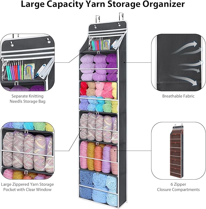Univivi Hanging Yarn Storage Organizer with 6 Zipper Closure Compartments, Large Capacity Knitting Organizer Storage, Over The Door Hanging Yarn Holder for Knitting Needles, Crochet Hooks (Dark Grey)