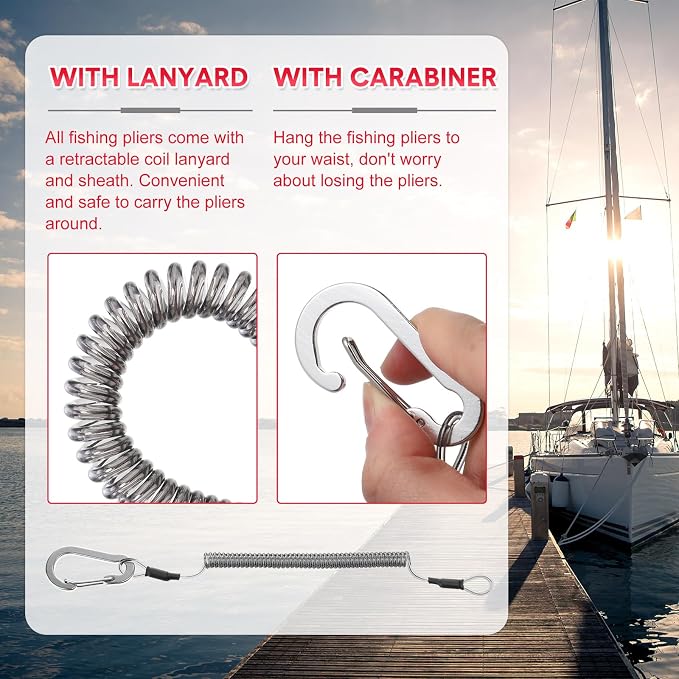 Lasnten 2 Pcs Fishing Pliers Saltwater Braid Cutters 7.8'' Fishing Hook Remover Split Ring Fishing Tools with Sheath and Lanyard Gear Gifts for Fish Line Cutting Boat Fly Ice Fishing (Red, Silver)