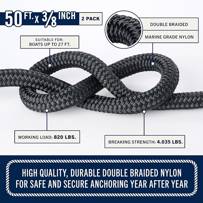 RainierSupplyCo 2 Pack Boat Anchor Rope - Double Braided Marine Rope Anchor Line - 50ft Nylon Boating Line with 316 Stainless Steel Thimble and Heavy Duty Marine Grade Bow Shackle
