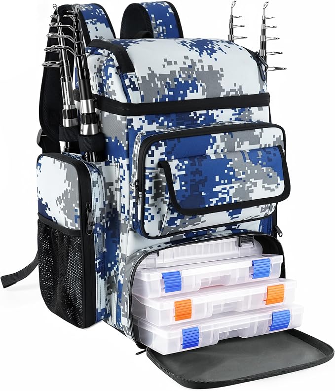 Fishing Tackle Backpack With Rod Holders,45L Large Tackle Bag & Fishing Tackle Backpack for Fishing,Camping, Hiking,Camouflage Blue