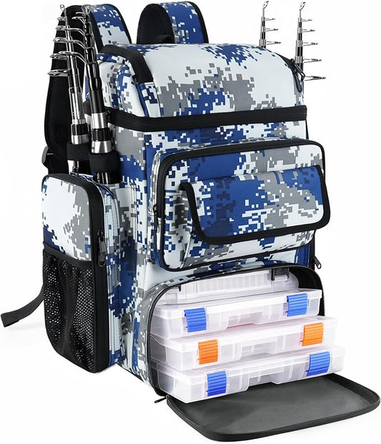 Fishing Tackle Backpack With Rod Holders,45L Large Tackle Bag & Fishing Tackle Backpack for Fishing,Camping, Hiking,Camouflage Blue