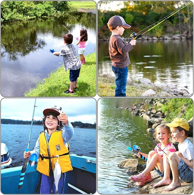 PLUSINNO Kids Fishing Pole, Portable Telescopic Fishing Rod and Reel Combo Kit - with Spincast Fishing Reel Tackle Box for Boys, Girls, Youth