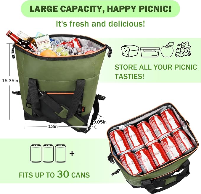 Tirrinia Insulated Soft Cooler Bag- 30 cans Leakproof Camping Ice Chest Box with Bottle Opener, Portable Cooler Box for Lunch, Picnic, Drink, Travel, Fishing