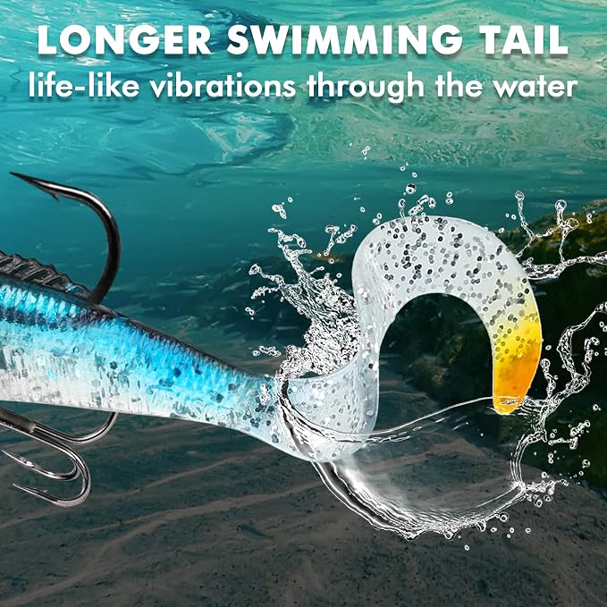 TRUSCEND Shadtale Easy Catch Soft Fishing Lures with BKK Hooks - Trembly Sinking and Vibrating Swim for More Bites, Pre-Rigged Swimbaits for Bass, Trout, Crappie, Walleye, Freshwater Saltwater Fishing
