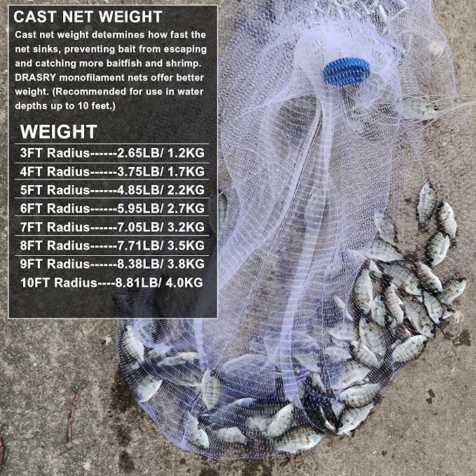 Drasry Saltwater American Fishing Cast Net 3/8inch Mesh Size for Bait Shrimp Trap Fish Heavy Duty Sinkers Throw Net 3FT/4FT/5FT/6FT/7FT/8FT/9FT/10FT Radius